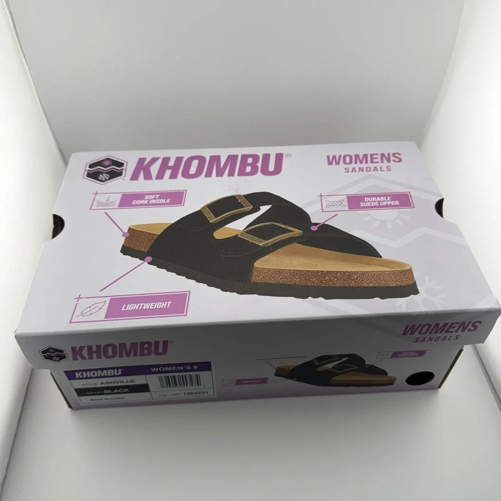 Khombu Ashville Sandals Womens 8 Black NIB Suede Leather Cork Slide Buckle Shoes
